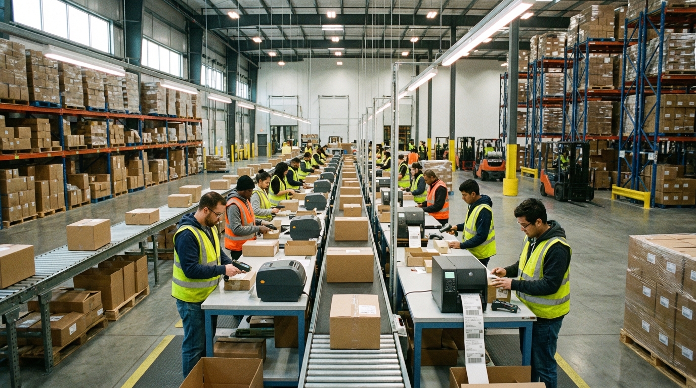 Warehouse with shipping labels printing automatically at packing stations