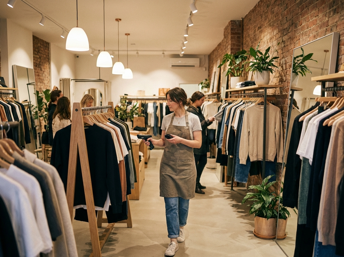 Retail store with clothing racks and a staff member holding an RFID handheld scanner