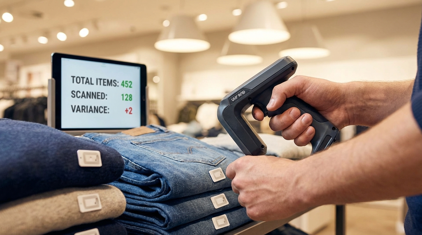 RFID handheld reader scanning tags on a clothing rack with count display on screen